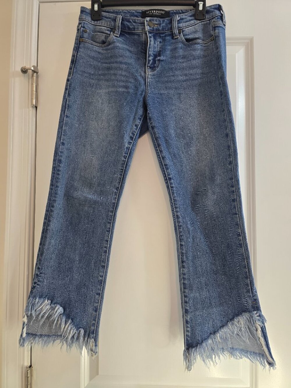Liverpool Jeans Company Crop Flare Hi-Low Fray Hem Jeans in Harding